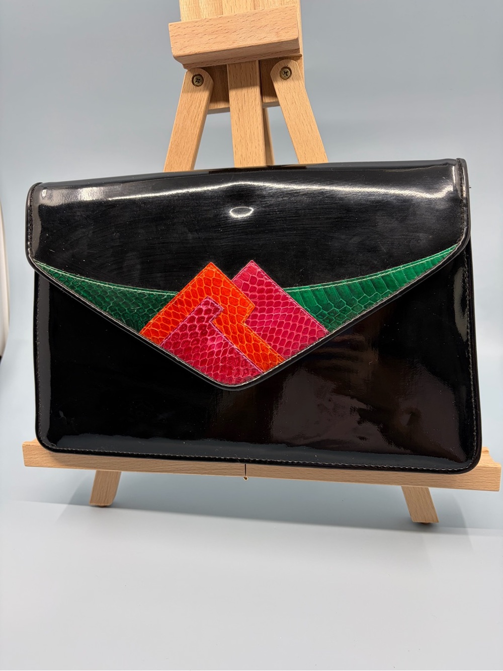 Vintage 80s Jasmin Black Patent Leather Snakeskin Colorblock Envelope Clutch Bag